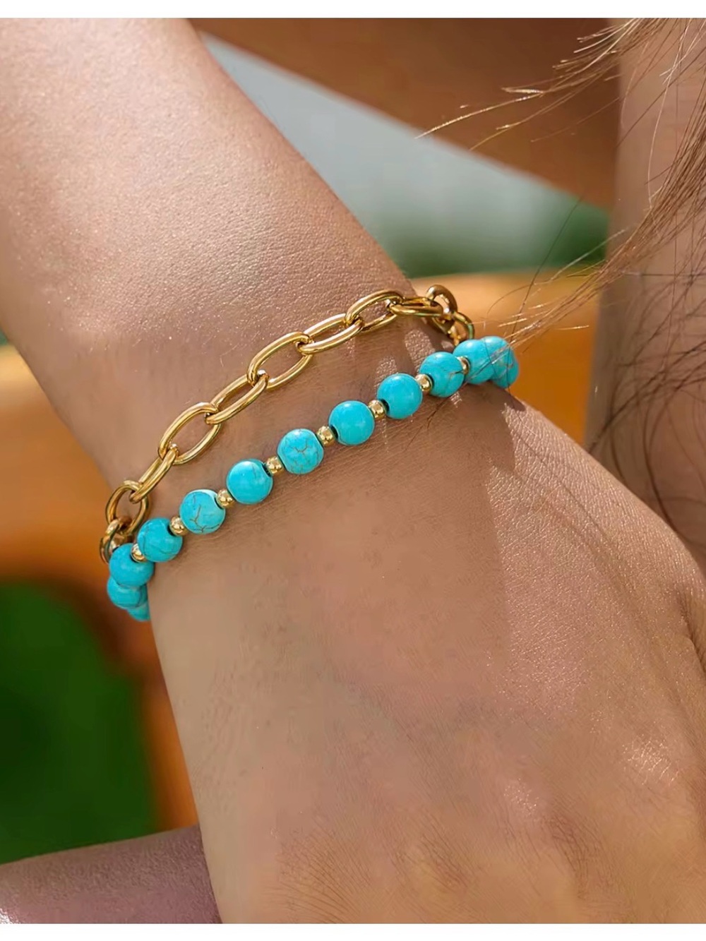 2 Pcs | 18K Gold Plated Turquoise Beaded and Chain Bracelet